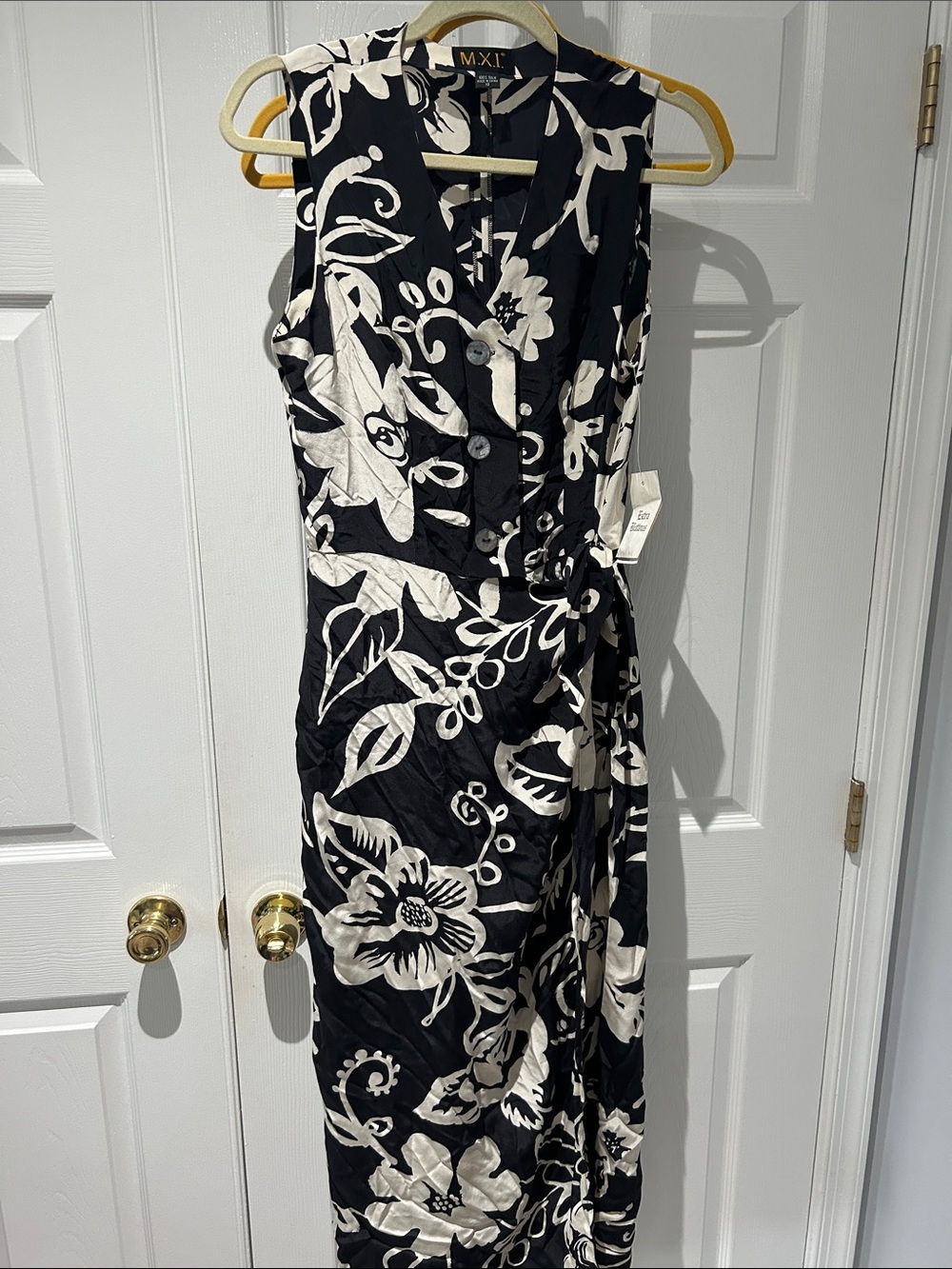 M.X.I 100% Silk Black & White Floral Wrap Dress